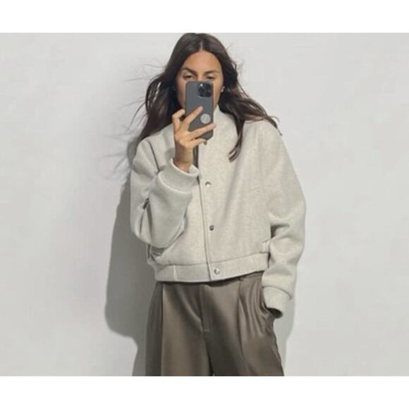 Zara Jackets & Blazers - ZARA Womens 2XL Gray Bomber Jacket Wool Blend Snap Front Ribbed Collar